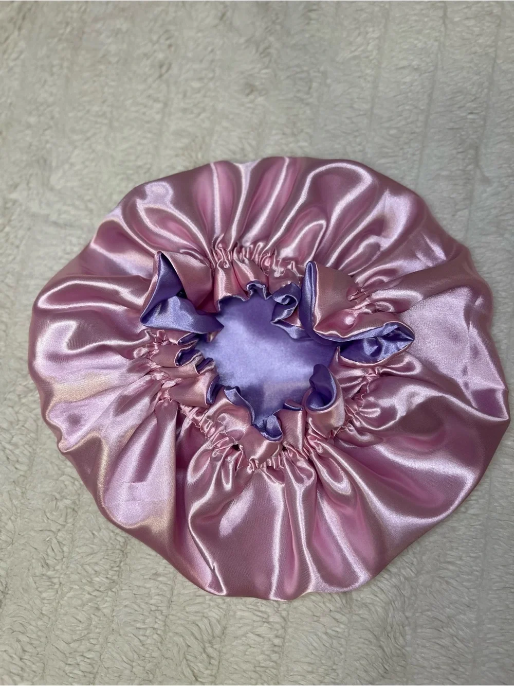 Lavender & Pink Ruffle Edge Satin Bonnet – Double-Sided Sleep Cap for Women